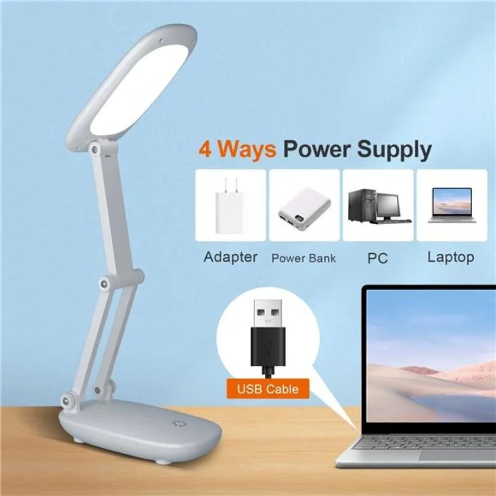 Portable LED Desk Lamp Rechargeable Battery Operated Foldable Dimmable White